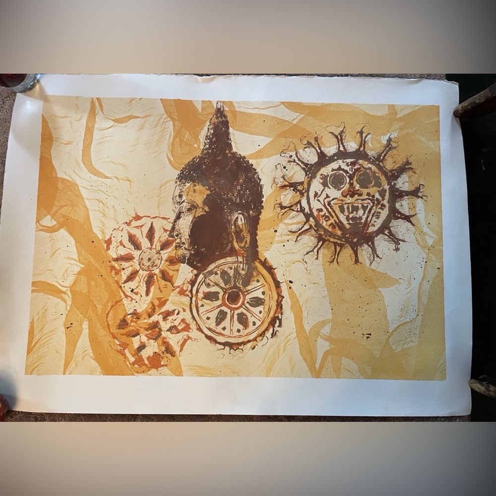 Abstract Buddha Art Print in Brown and Gold. Artisan made. NEW. 22x30”
